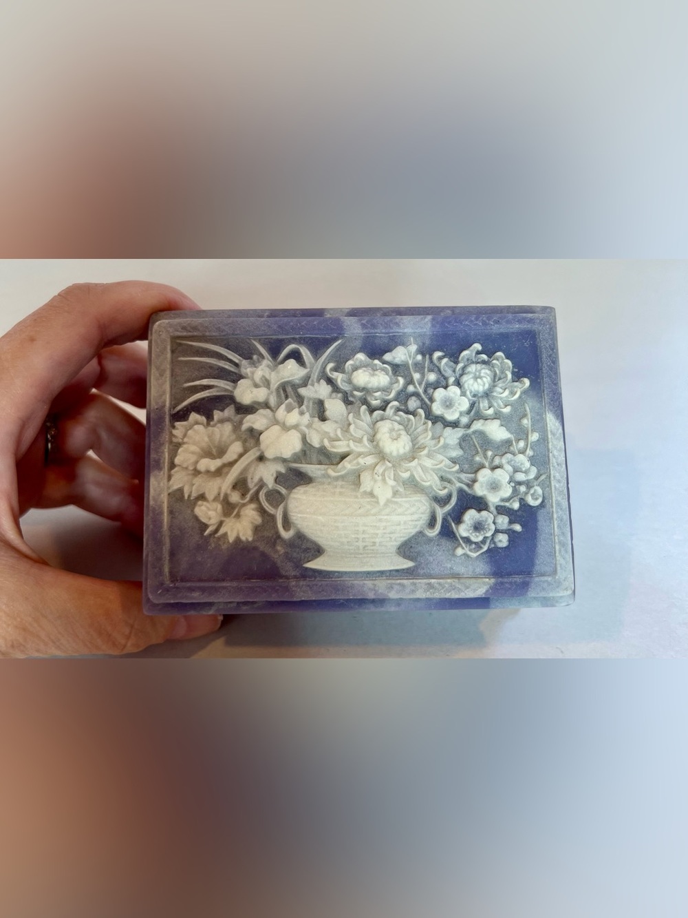 Vintage Incolay Stone Purple Floral Jewelry Trinket Box Hinged Velvet Lined USA